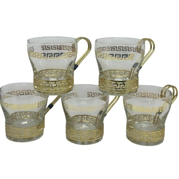 VTG Libbey Gold Greek Key Glass Coffee Cups – Set of 5 w/ Brass Holders 3” Retro - Picture 1 of 5